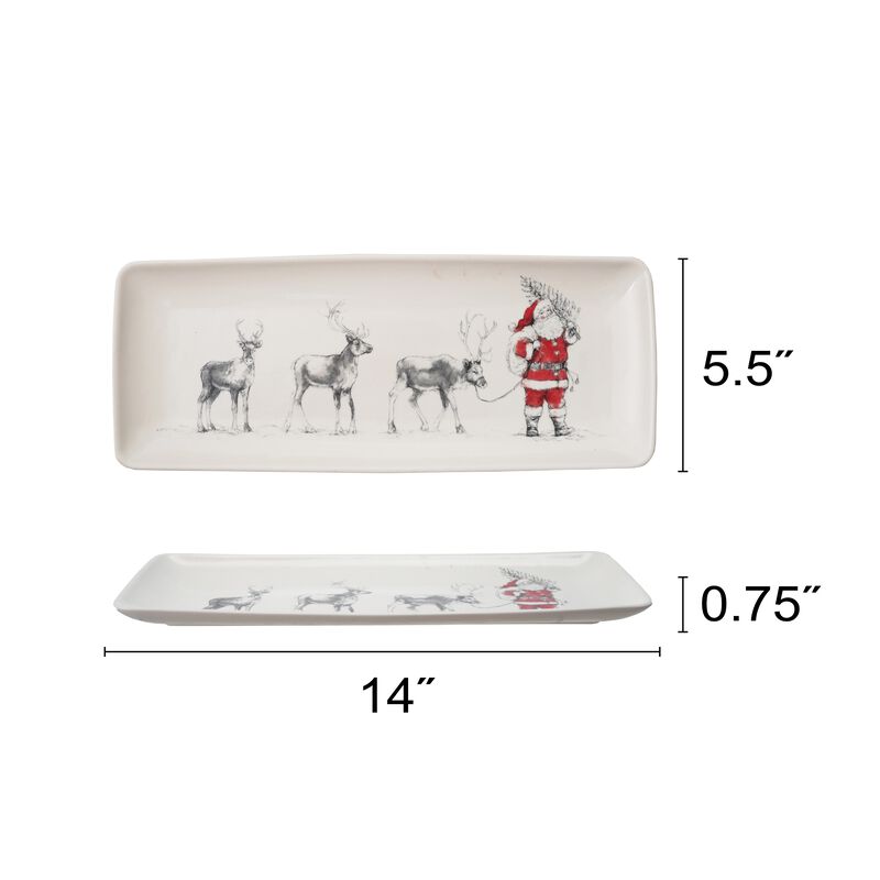 Stoneware Serving Platter with Santa Leading Reindeer Image, Red, Black and White image number 1