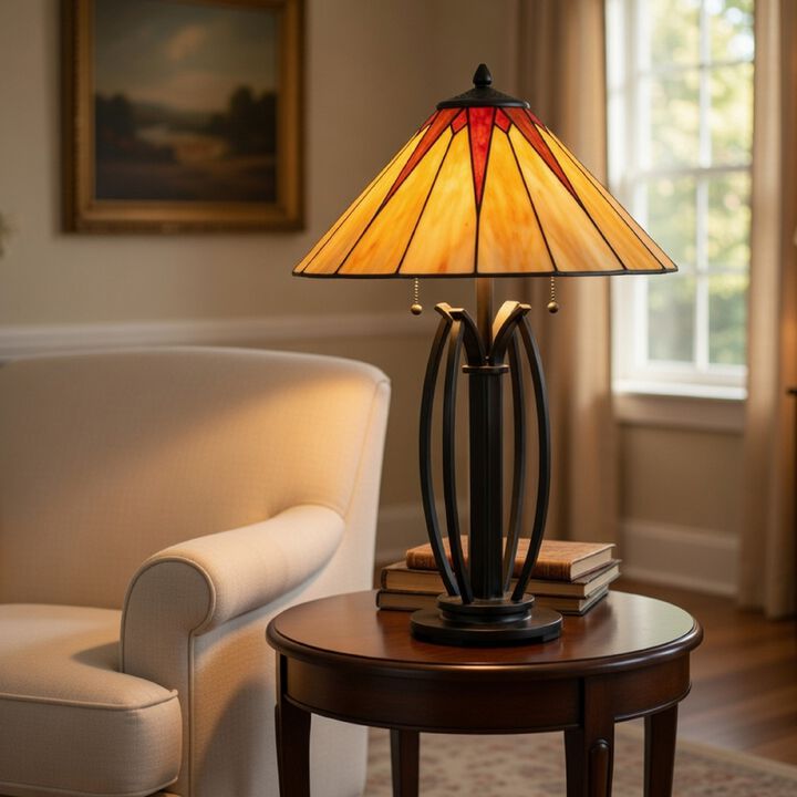Eli Table Lamp, 17 Inch Stained Tiffany Glass Shade, Bronze Metal, Resin