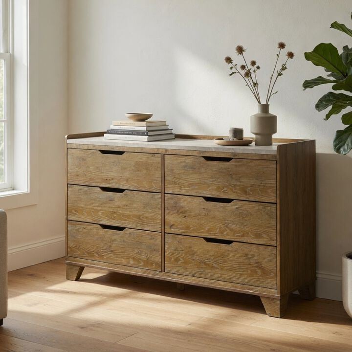 Nolan Wide Dresser with Faux Marble Top, 6 Drawers, Brown Wood