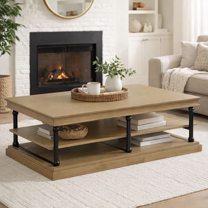 Bard Coffee Table, Veneer, 2 Tier Shelves, Metal Legs