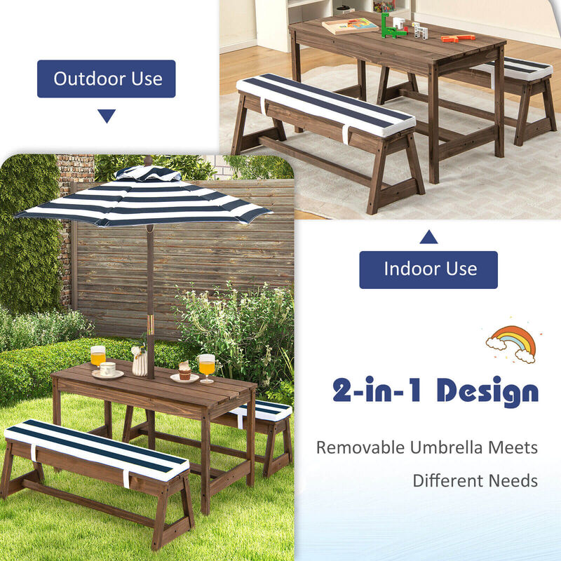 Picnic Table and Bench Set with Cushions and Height Adjustable Umbrella