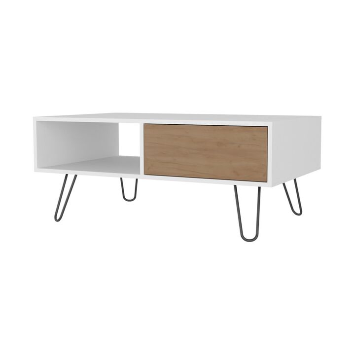Fm Furniture Gramling Coffee Table with a Drawer and Hairpin Legs, White + Natural Oak