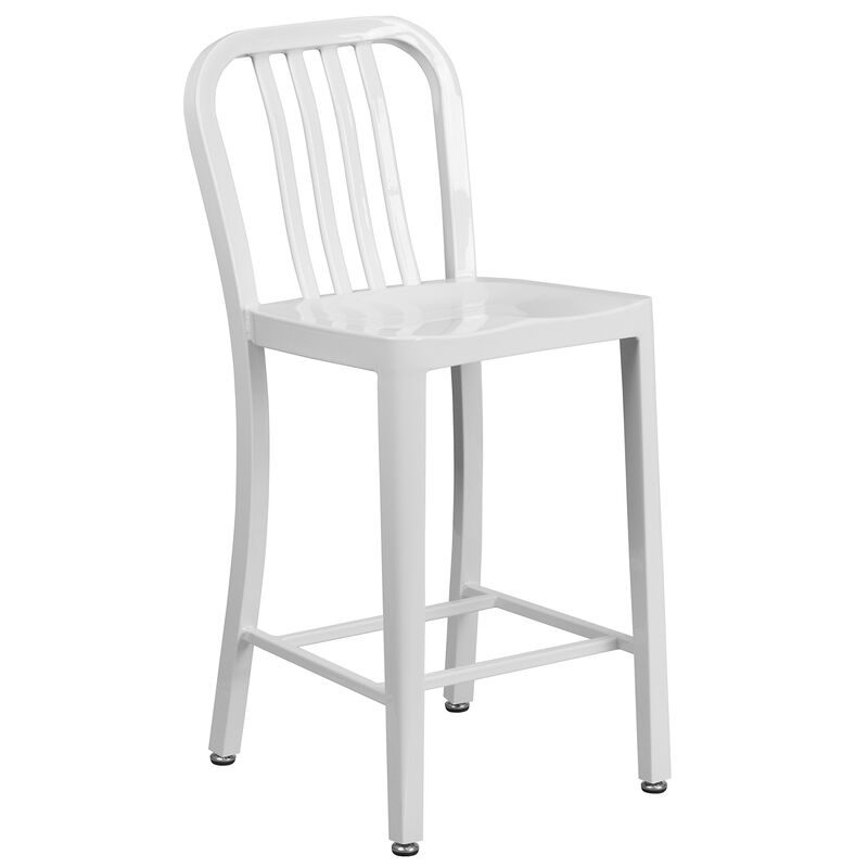 Flash Furniture Commercial Grade 24" High White Metal Indoor-Outdoor Counter Height Stool with Vertical Slat Back image number 0