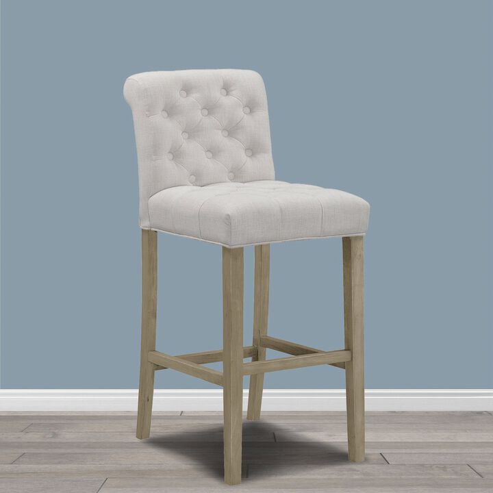 Glamour Home Set of 2 Aleen Beige Fabric Bar Stool with Roll Back Design and Tufted Buttons
