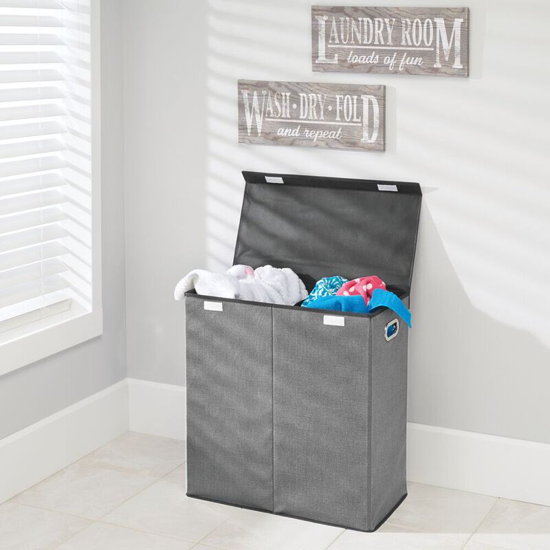 mDesign Divided Laundry Hamper Basket with Lid, Chrome Handles, Espresso Brown image number 3