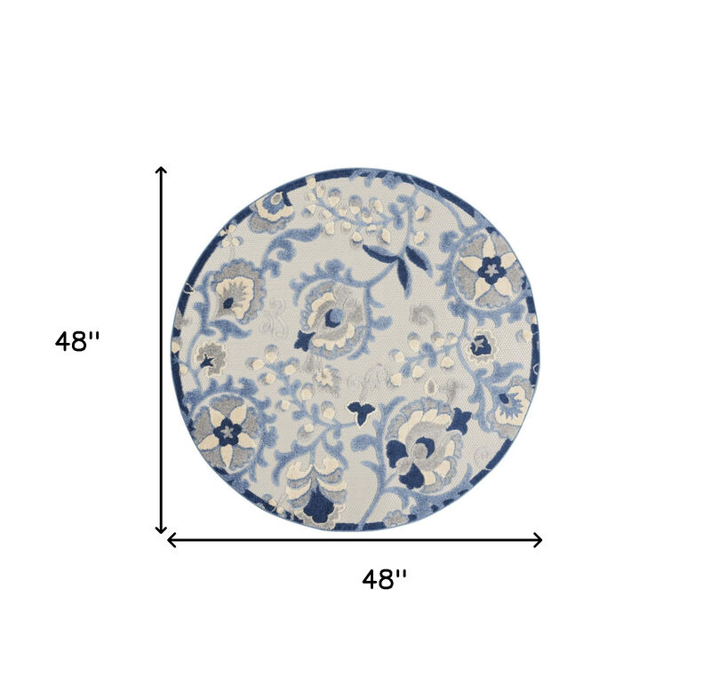 HomeRoots 4' Blue And Gray Round Floral Indoor Outdoor Area Rug image number 6