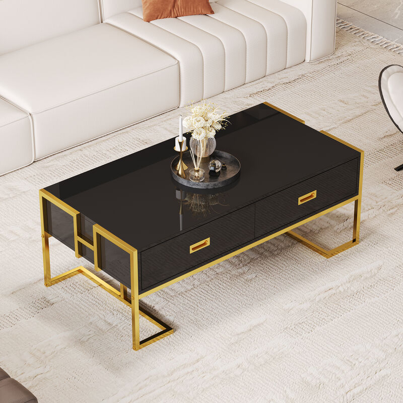 Merax Modern White Rectangular Coffee Table with 4 Drawers and Gold