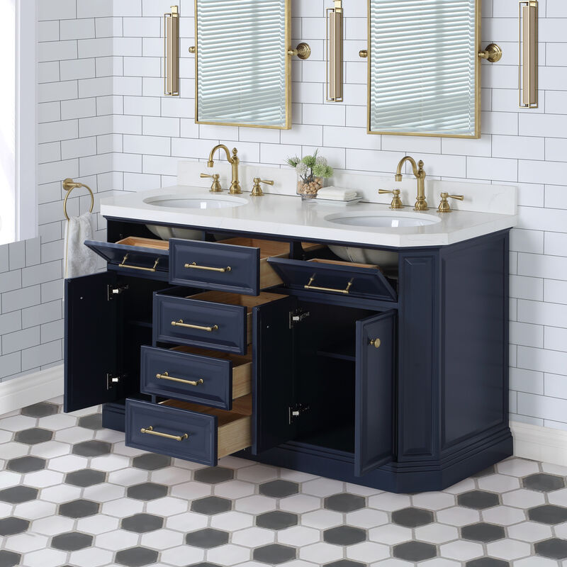 Palace 60 In. Double Sink Carrara Quartz Countertop Bath Vanity in Monarch Blue with Satin Gold Hardware