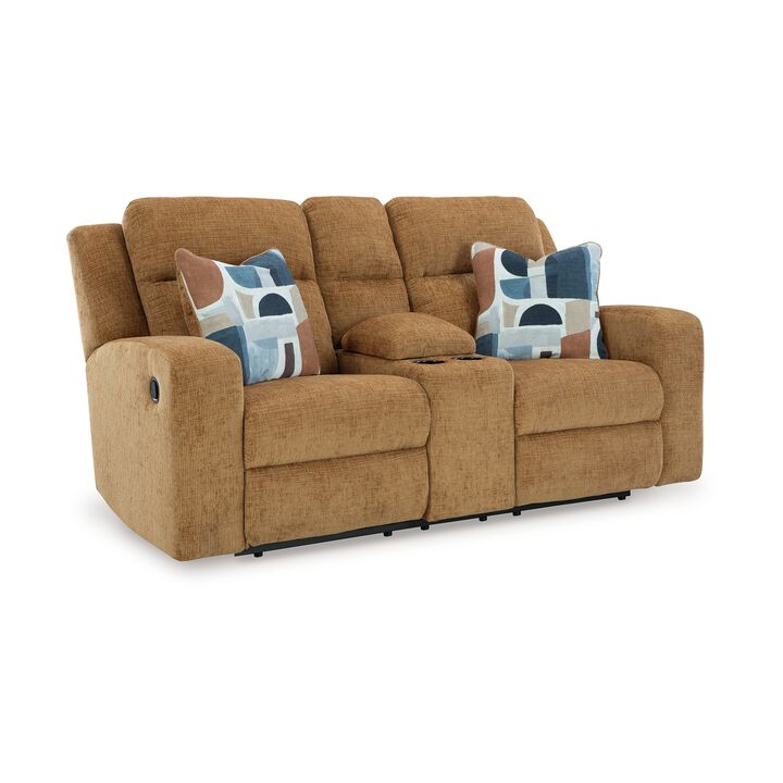 Damon Double Reclining Loveseat, Camel Brown Polyester, 2 Pillow - Benzara