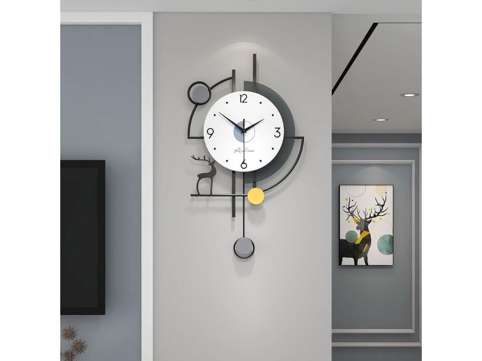 24 Inch Modern Pendulum Wall Clock - Silent Quartz Battery Operated Deer Decor