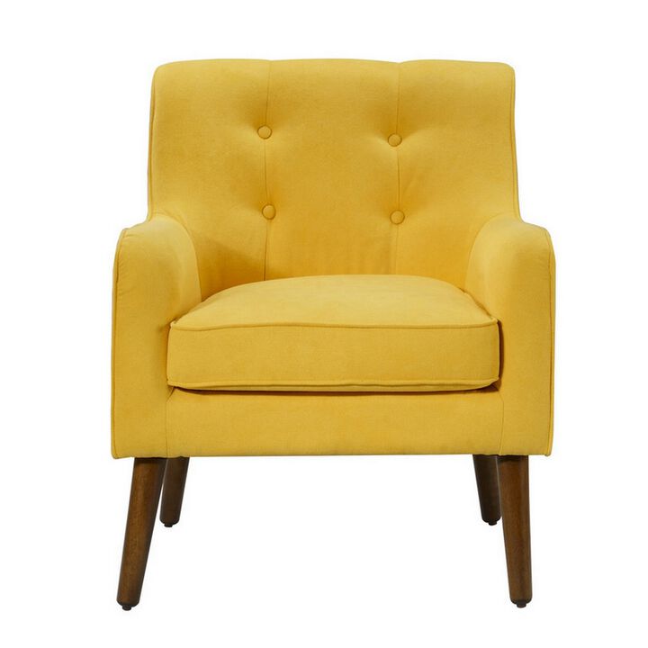 Kina 28 Inch Accent Chair, Yellow Fabric, Button Tufted, Angled Wood Legs-Benzara