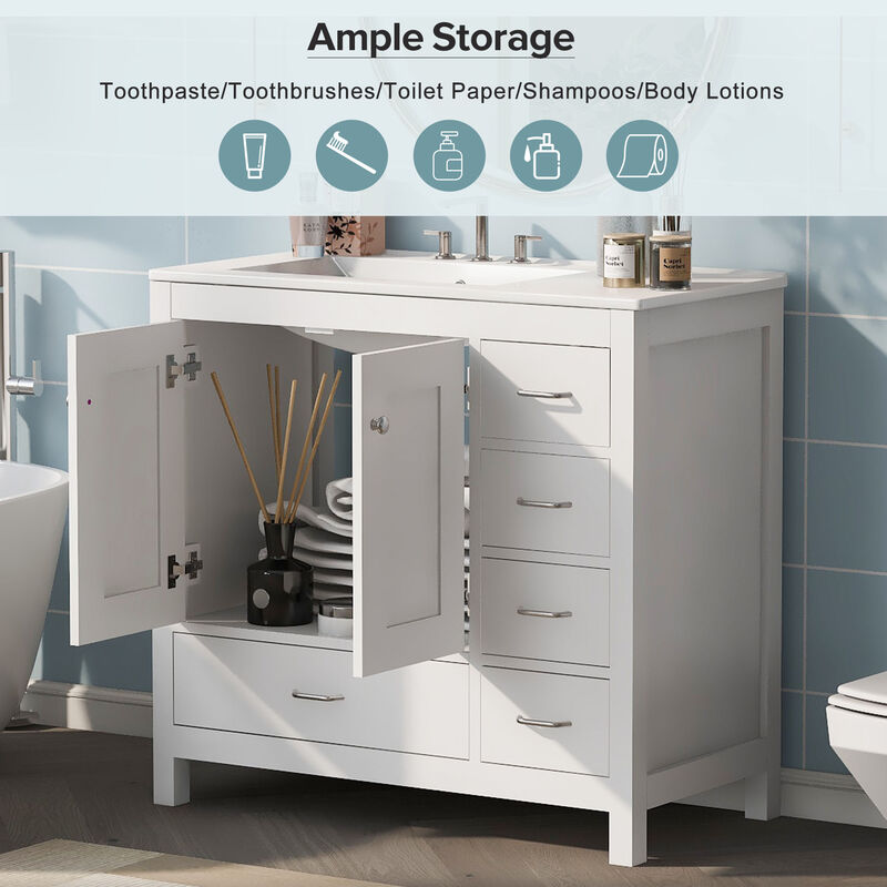 Merax Bathroom Vanity with Ceramic Sink  Freestanding Recessed  5 Drawers & 2 Soft-Close Doors Storage Cabinet Combo