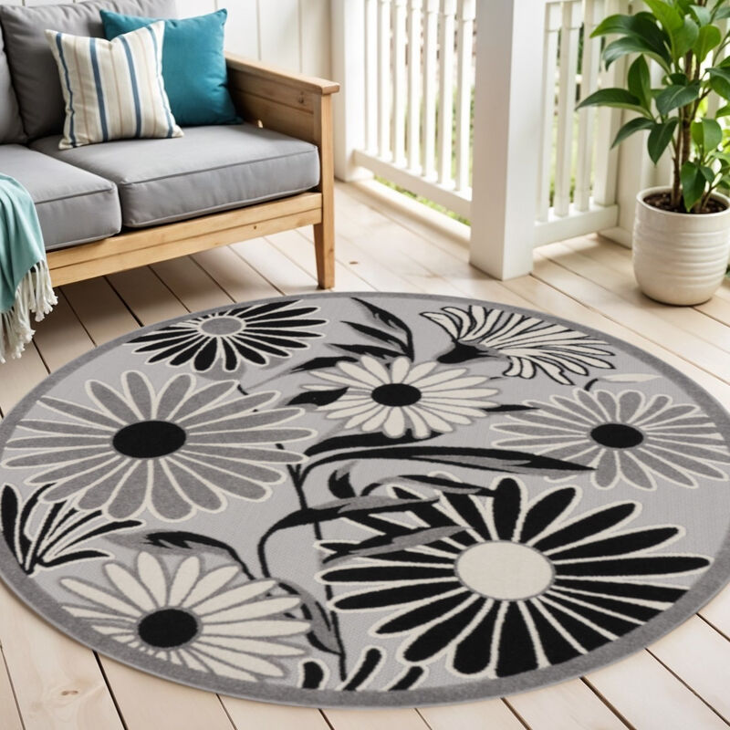 HomeRoots 5' Black And White Round Floral Indoor Outdoor Area Rug image number 1