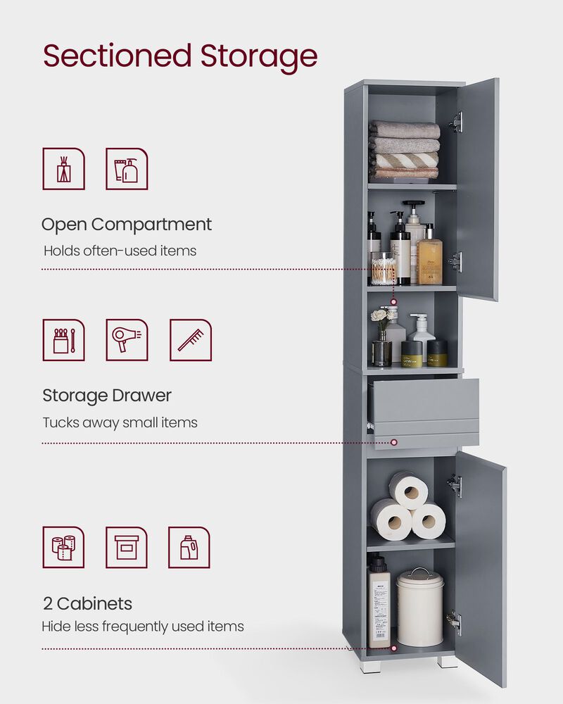 Slim Bathroom Storage Cabinet with Shelves and Drawer for Small Space Organization