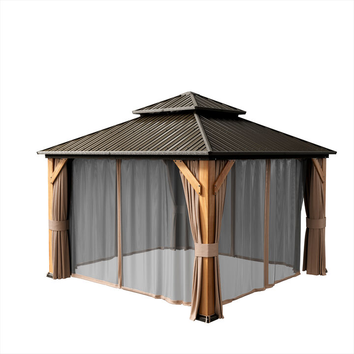 Mondawe 12 ft. x 12 ft. Brown Cedar Wood Frame Hardtop Gazebo with Galvanized Steel Double Roof, Curtains and Netting
