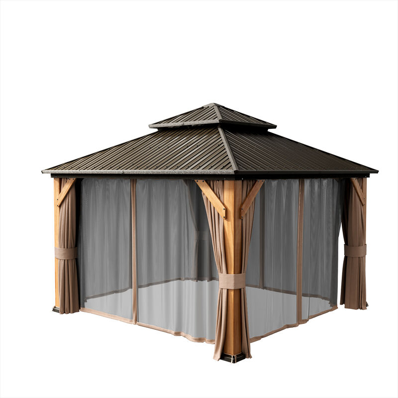 Mondawe 12 ft. x 12 ft. Brown Cedar Wood Frame Hardtop Gazebo with Galvanized Steel Double Roof, Curtains and Netting