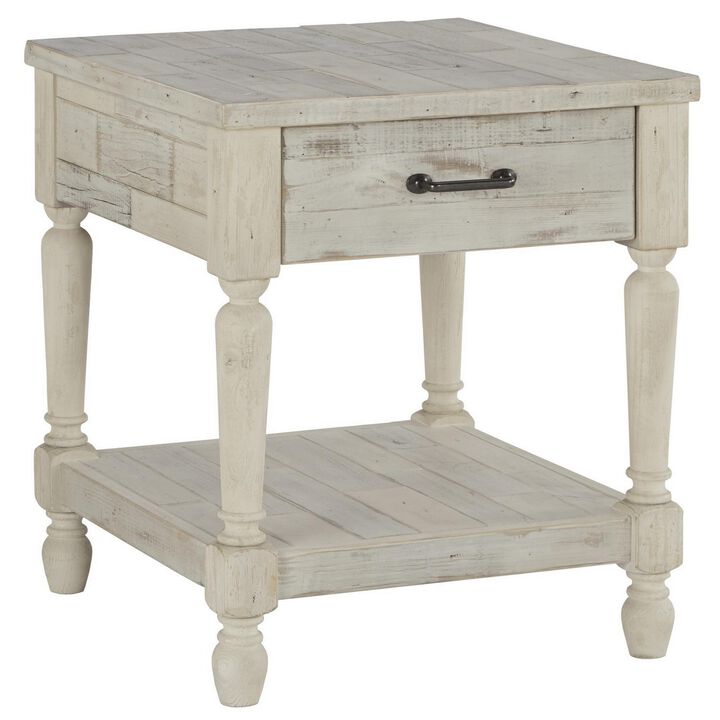 Plank Style End Table with 1 Drawer and Open Bottom Shelf, Washed White-Benzara
