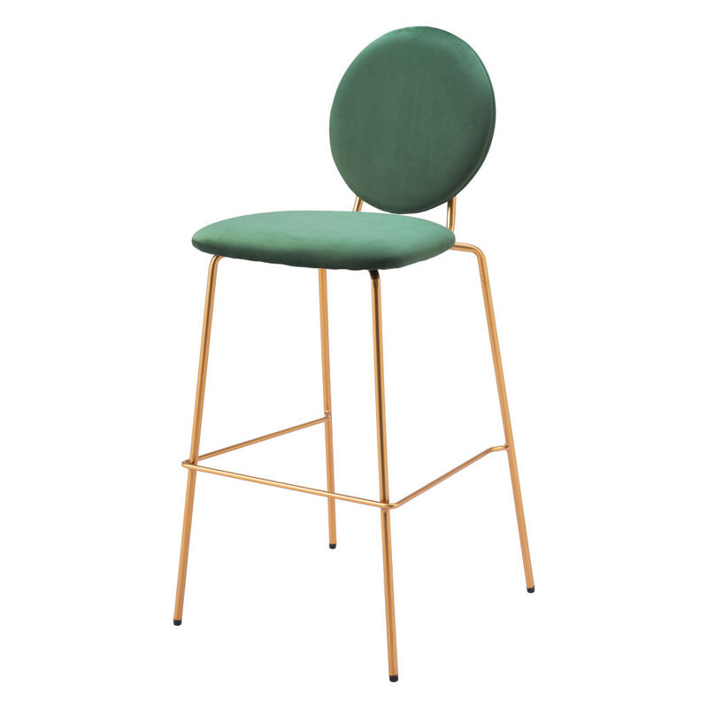 HomeRoots Set of Two 30" Green and Gold Velvet and Steel Bar Height Bar Chairs