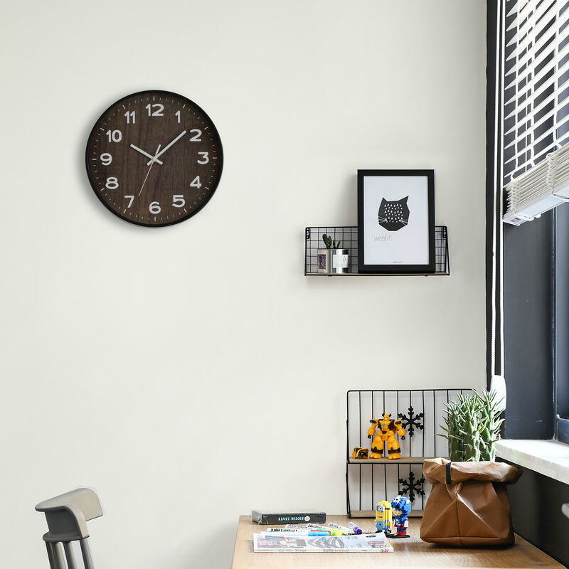 Decorative Modern Round Wood- Looking Plastic Wall Clock for Living Room, Kitchen, or Dining Room, Brown