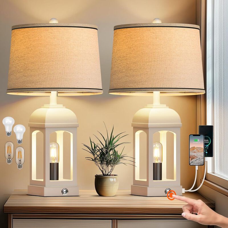 ELEMENT ACE Set of 2 3-Way Dimmable Rustic Table Lamps with USB A+C Charging Ports & Built-in Nightlight for Bedside Nightstand Bedroom Living Room Use image number 1