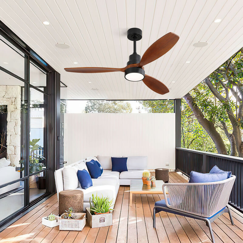 52 Inch Wooden Led Light Ceiling Fan With 3 Solid Wood Blades Remote Control Reversible DC Motor image number 1