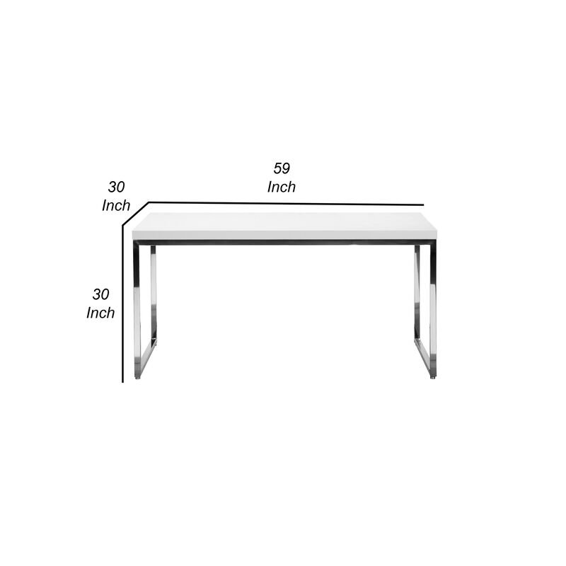 Rami 59 Inch Office Desk, Rectangular Top, White Wood Finish, Steel Frame - Benzara