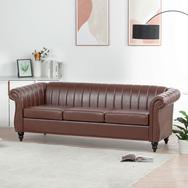 83.46" Brown PU Rolled Arm Chesterfield Three Seater Sofa.