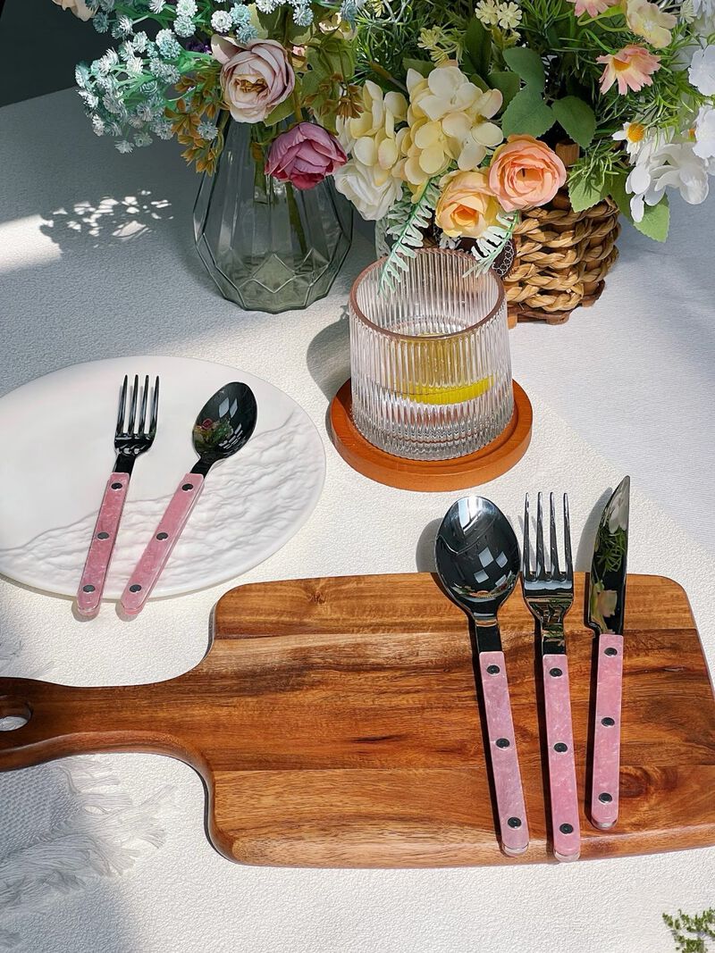 Pinky Salt Lake Flatware Set of 10 Pcs, Modern Marble Pattern Rivet Stainless Steel Cutlery Silverware