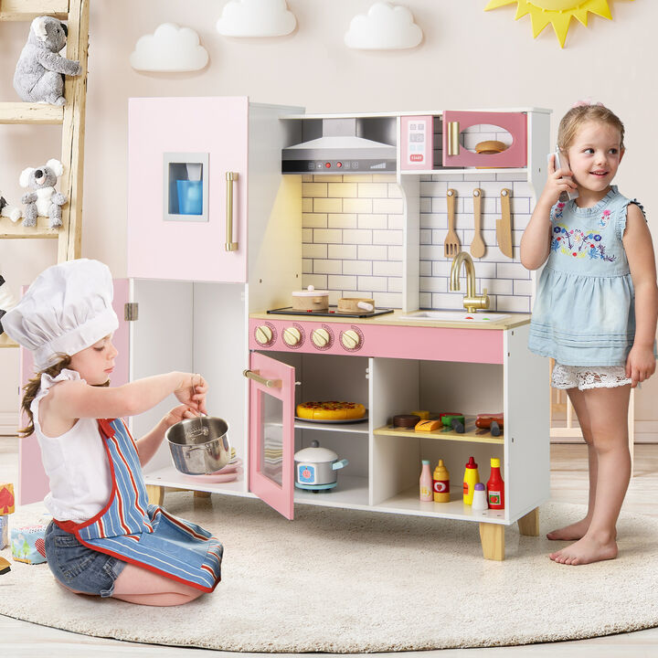 Pretend Play Kitchen with Ice Maker, Range Hood, and Blackboard Interactive Toy for Kids