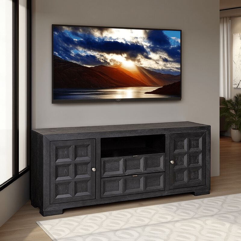 Kizie TV Stand Cabinet, Storage Drawers, Modern Black Wood, 72 Inch - Benzara