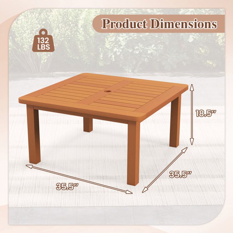 Patio Coffee Table with 2" Umbrella Hole, Solid Wood Teak Oil Finish, 132Lbs Load Outdoor Square Table image number 1