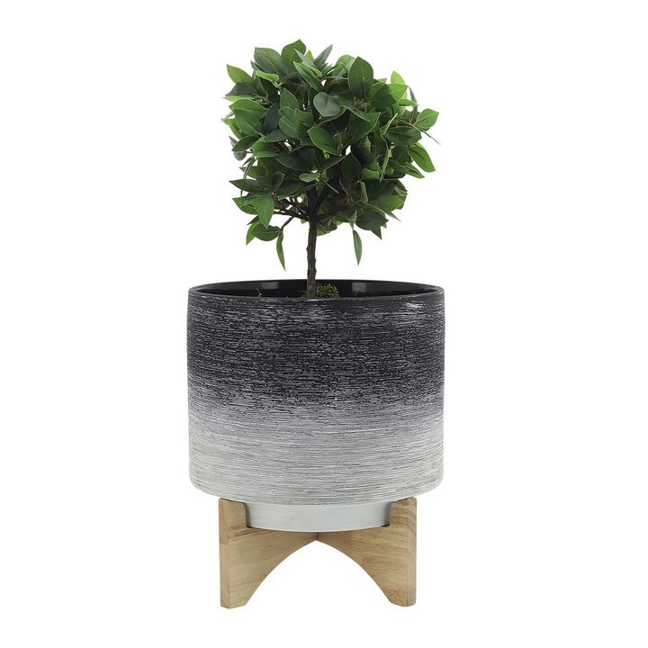 Planter with Wooden Stand and Fine Lines Design, Large, Gray- Benzara
