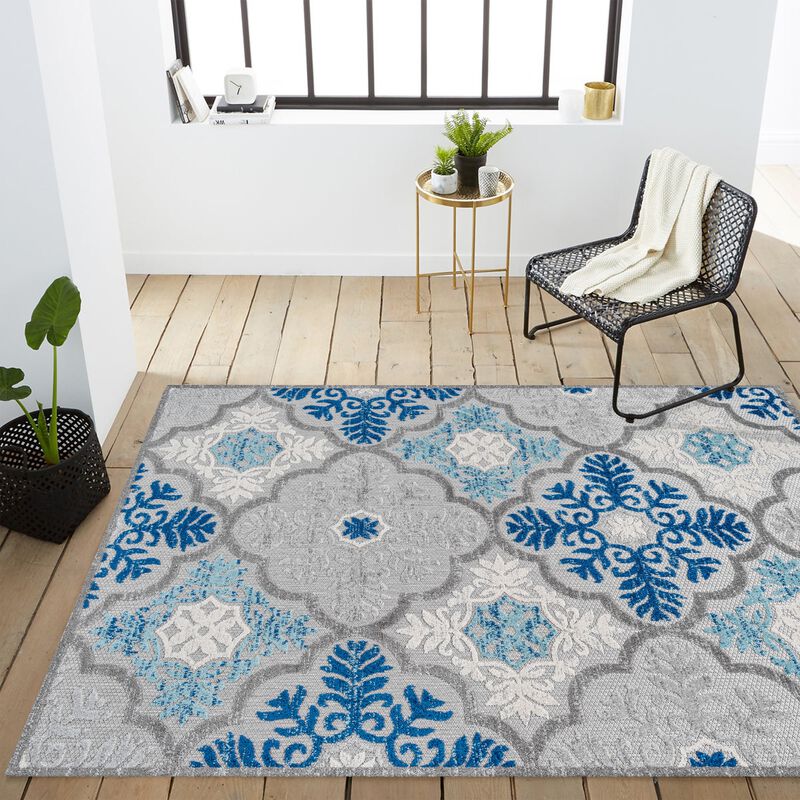 Cassis Ornate Ogee Trellis High-Low Light Gray/Blue 3 ft. x 5 ft. Indoor/Outdoor Area Rug
