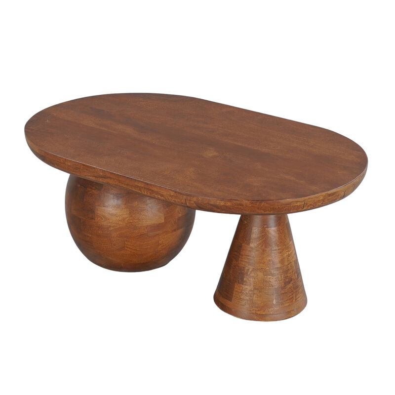 Leeds Coffee Table | 38" Handmade Walnut Brown Mango Wood Oval Top | Round Ball and Cone Base