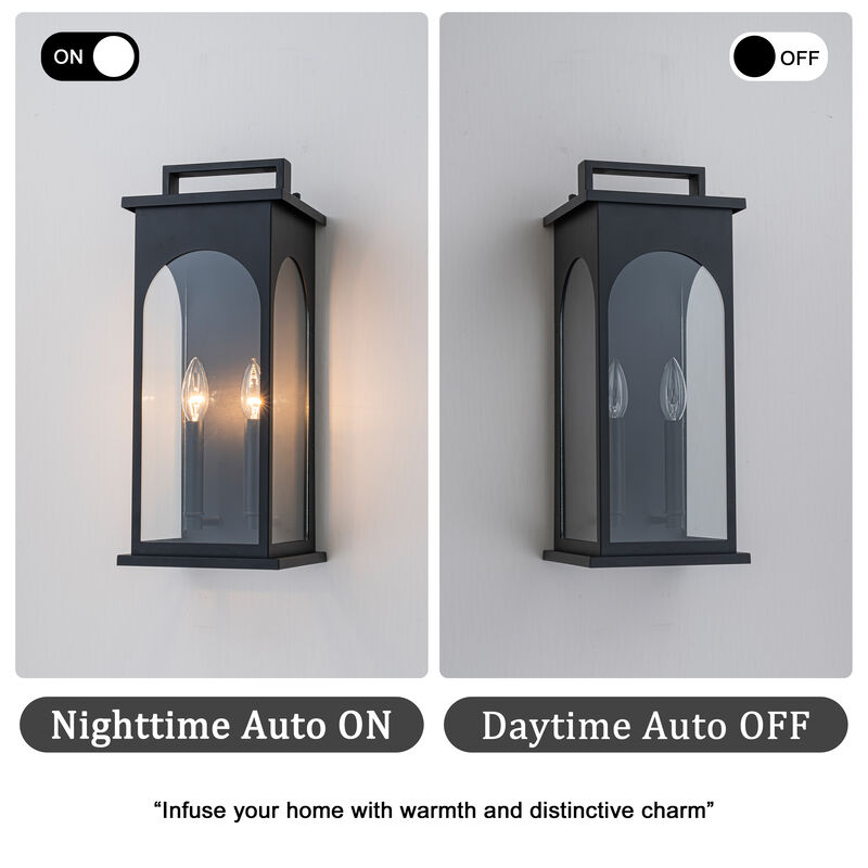 2-Light H19&rdquo; Outdoor Wall Lantern Large Black Exterior Wall Light with Clear Tempered Glass and Dusk to Dawn Sensor for Front Door, Garage & Entryway image number 5
