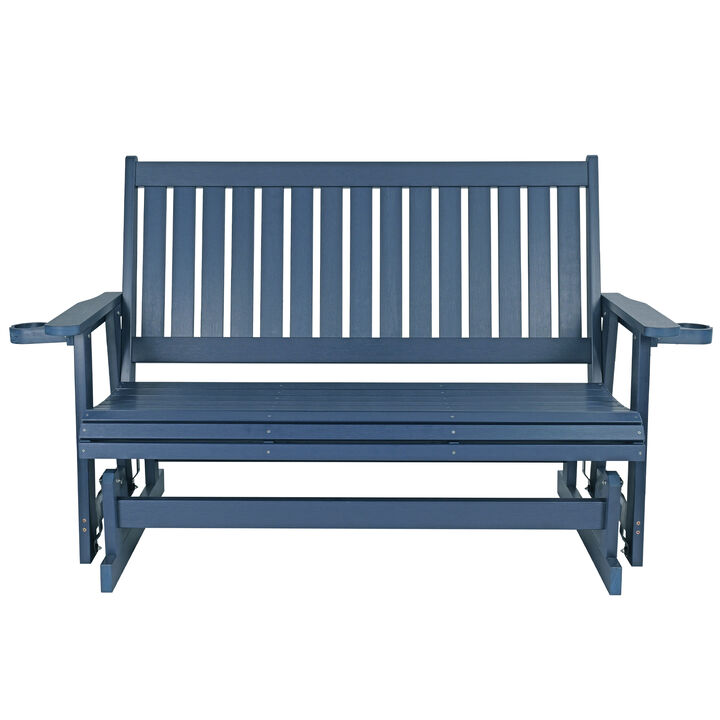 HIPS Patio Glider with Cup Holders, All-Weather Resistant, High Backrest and Deep Contoured Seat, Heavy Duty 900 LB (3-Seat,Navy Blue)