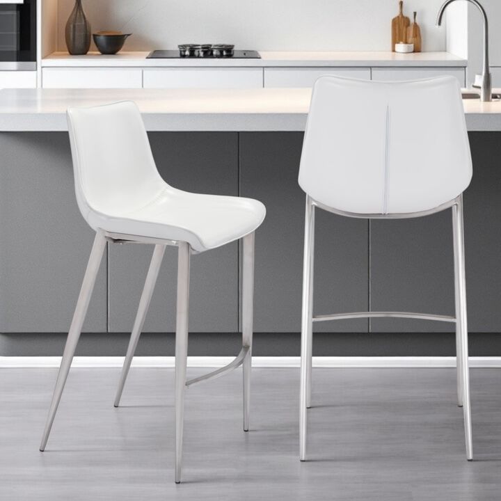 Hivvago Set of Two 30 Inch White And Silver Steel Low Back Bar Height Bar Chairs