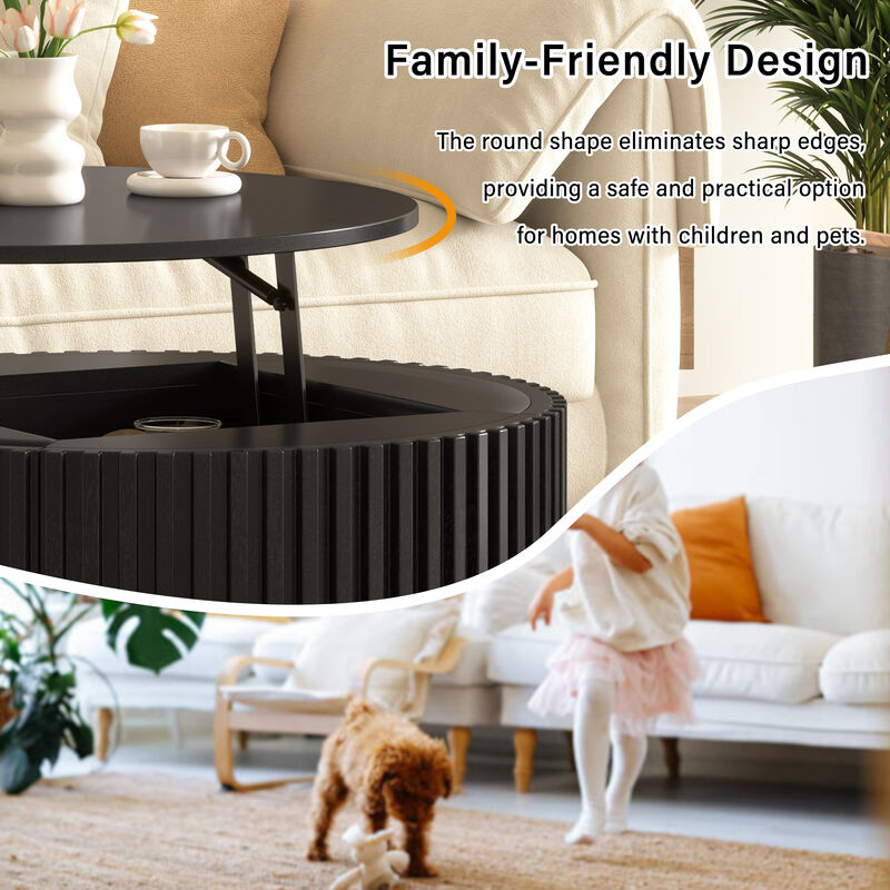 Merax Height-Adjustable Round Coffee Table with Smooth Lift Mechanism, Concealed Storage image number 6