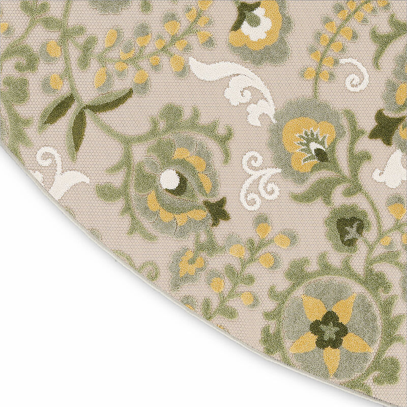 HomeRoots 8' Ivory Green And Yellow Round Floral Indoor Outdoor Area Rug image number 4