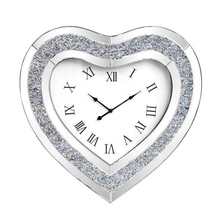 HomeRoots 27" Silver Faux Crystal And Mirrored Glass Silent Analog Heart Wall Clock