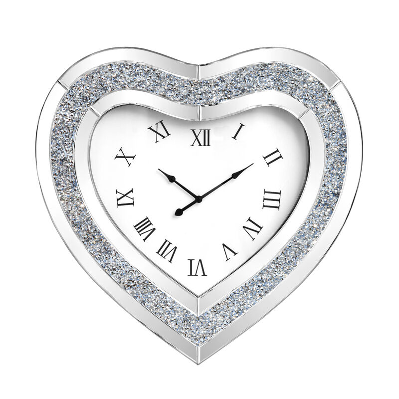 HomeRoots 27" Silver Faux Crystal And Mirrored Glass Silent Analog Heart Wall Clock image number 0