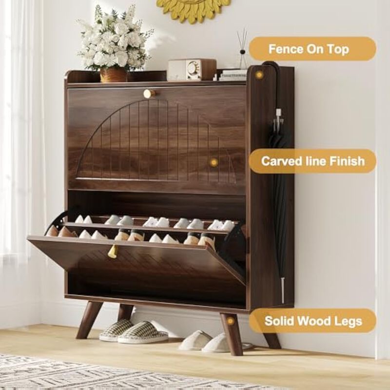 Entryway Wood Shoe Storage Cabinet Flip Drawer Adjustable Shelves Walnut image number 3