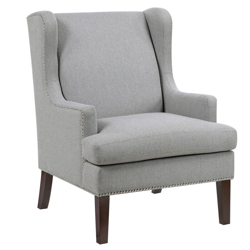 Rossana Accent Wing Armchair, Gray Polyester, Brown Wood, Nailhead