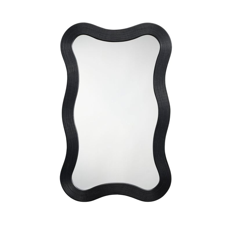 Lery Wall Mirror, 38 Inch Wavy Frame, Boho Style Black Natural Bamboo - Benzara
