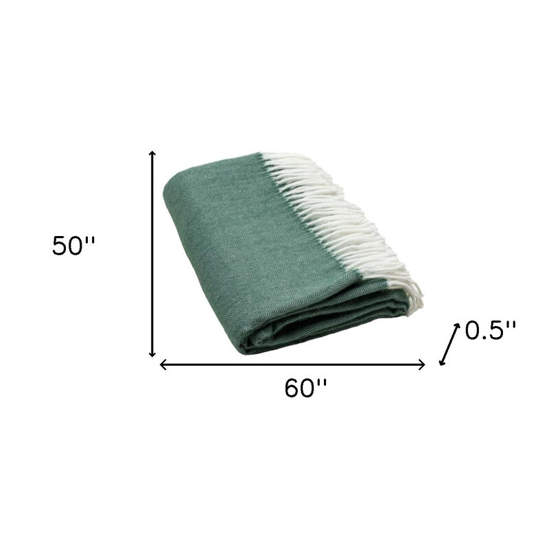 HomeRoots 50" X 60" Olive Green And White Woven Herringbone Plush Throw Blanket with Tassels image number 3