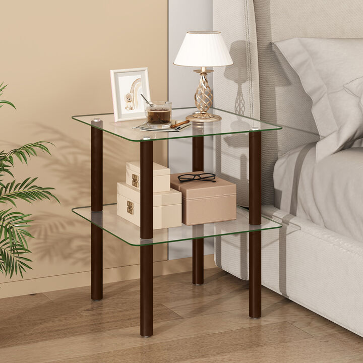 Modern 2-Tier Square End Table with Storage Shelf and Clear Tempered Glass Top