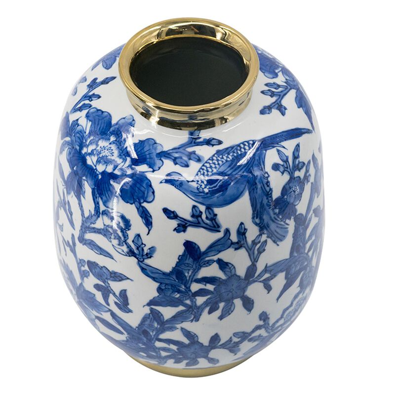 HomeRoots 11" Blue White And Gold Chinoiserie Floral Porcelain Table Vase image number 2