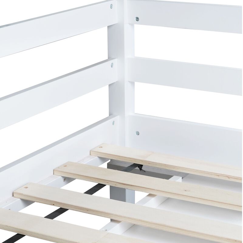 Whisen Twin Loft Bed with Drawers, Shelves and Pulling-Out Desk, Rubber Wood Loft Bed with Safety Guardrail and Ladder