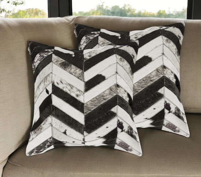 HomeRoots Set of Two 18" Black and Natural Chevron Cowhide Throw Pillows