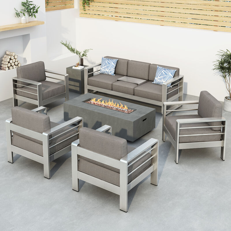 Christopher Knight Home Carly Outdoor Aluminum 7 Seater Chat Set with Fire Pit image number 1